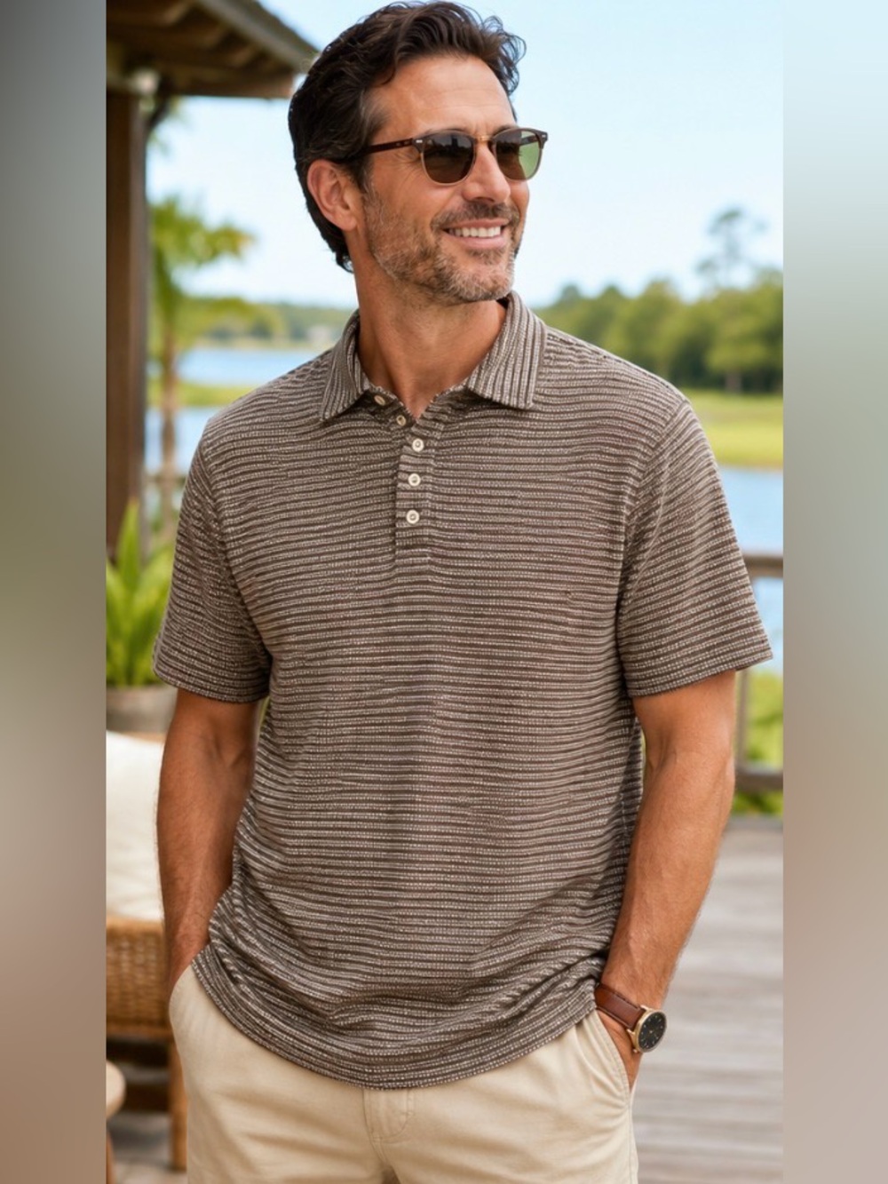 St. Durand Men’s Large 100% Cotton Textured Knit  Shirt Brown Tan Short Sleeve